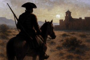 Un jinete se acerca a caballo a un pueblo de la frontera norte de Nueva España