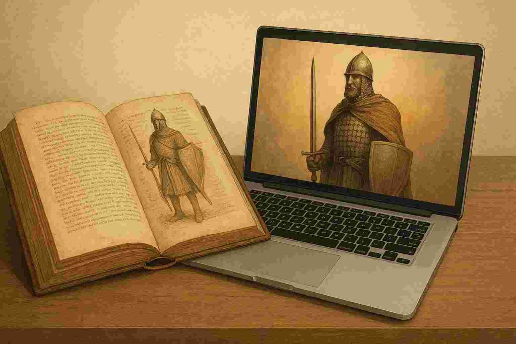 Un caballero medieva se representa en un viejo libro y en el monitor de un ordenador