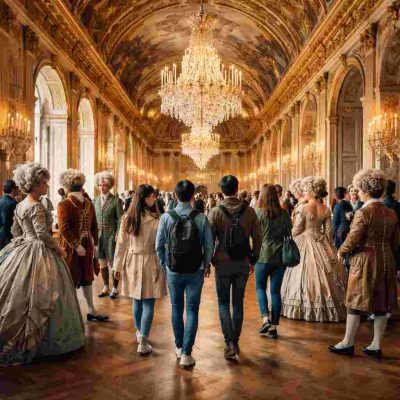 Unos lectores pasean por un salón palaciego del siglo XVIII lleno de personajes de época