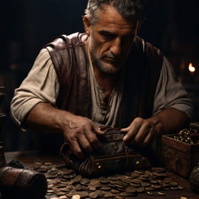 Default_A_man_from_ancient_Rome_hands_another_a_leather_bag_wi_0