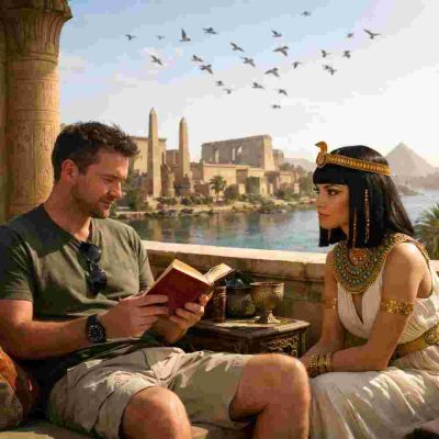 Um hombre lee una novela sobre el antiguo Egipto mientras es contemplado por una princesa egipcia