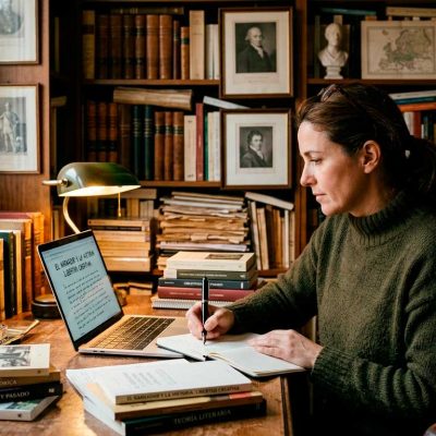 Una autora ante su portátil toma notas durante el proceso de escritura.