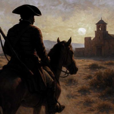 Un jinete se acerca a caballo a un pueblo de la frontera norte de Nueva España