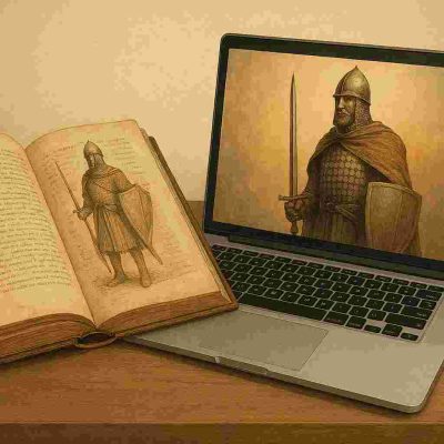 Un caballero medieva se representa en un viejo libro y en el monitor de un ordenador