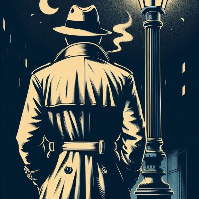 Un detective clásico camina por una calle durante la noche